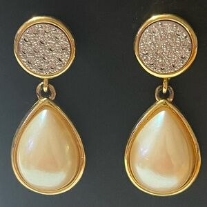 Monet Vintage Faux Pearl Lux Rhinestone Dangle Pierced Earrings Gold-Tone Rare
